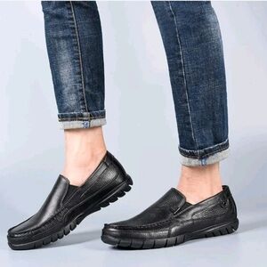 FIEEIF Mens Genuine Leather Slip On Shoes Handsewn Moccasins Comfortable Slip Re